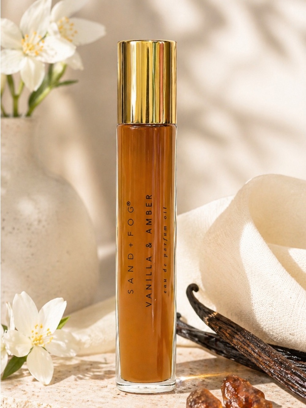 Sand+Fog Vanilla & Amber .33 fl oz (10 ML) Rollerball Perfume Oil Jasmine, Sugar